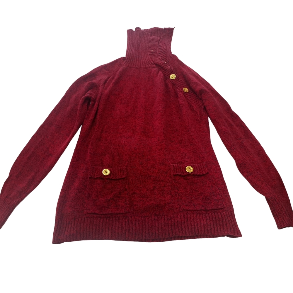 Karen Scott Red Cowl Neck Tunic Gold Buttons Sweater